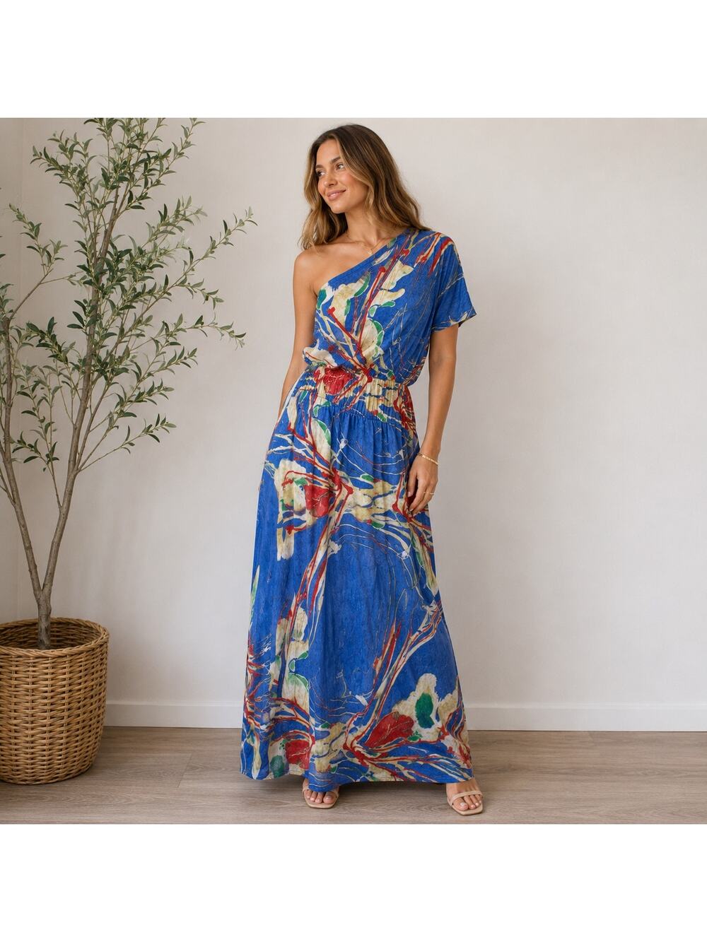 Kanvas Abstract Print One Shoulder Maxi Dress Blue Draped Boho Y2K Sz L
